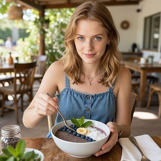 Young Woman Eating Healthy Smoothie Bowl in Cozy Café