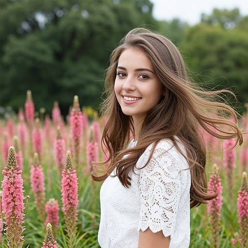 Young Woman in White Lace Top Smiling in Pink Flower Field
