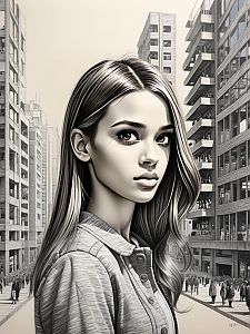 Young Woman in Urban Environment - Monochromatic Illustration