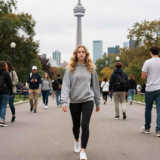 Gen Z Woman Walking in Toronto Urban Park with CN Tower Background