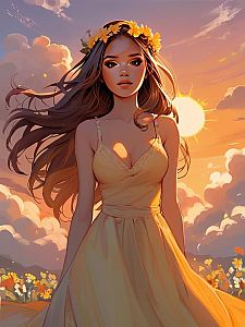 Woman in Yellow Dress with Flower Crown at Sunset