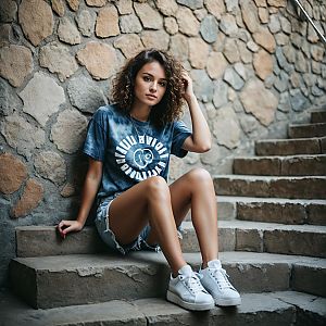 Young Woman on Stone Steps in Urban Setting
