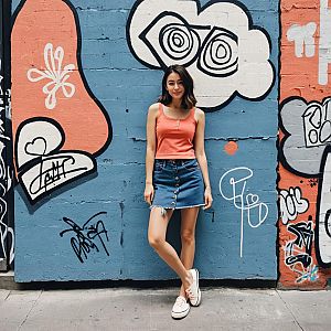 Casual Young Woman Posing by Urban Graffiti Wall in Denim Skirt and Coral Top