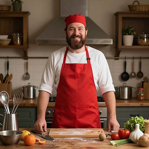 Smiling Man in Red Apron Preparing Food in Cozy Kitchen
