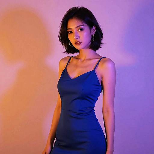 Young Woman in Blue Dress with Colorful Gradient Lighting