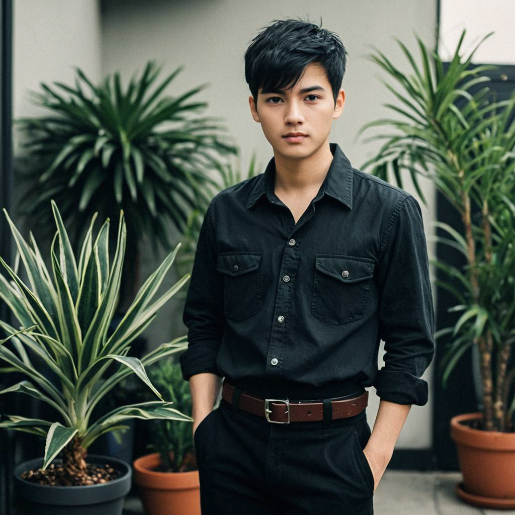 Confident Young Man in Black Outfit Outdoors