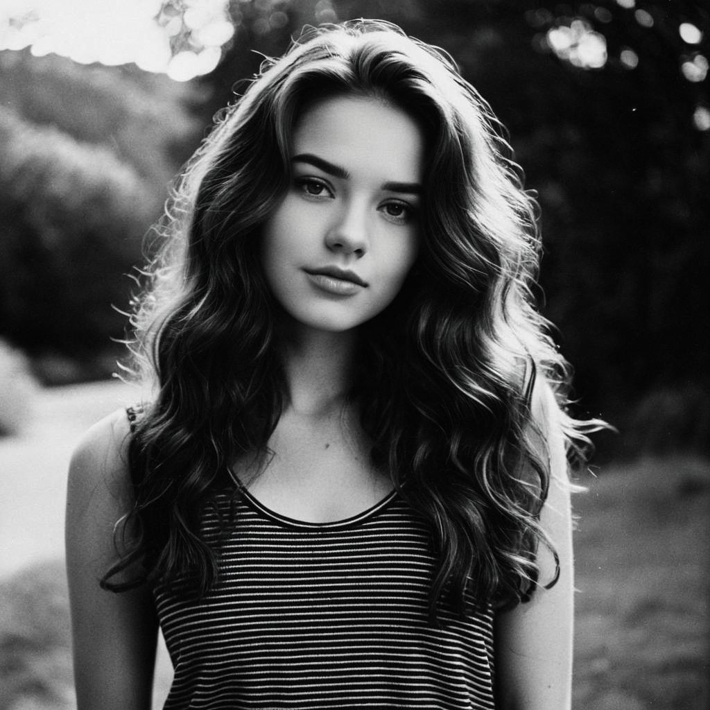 Black and White Portrait of Young Woman Outdoors