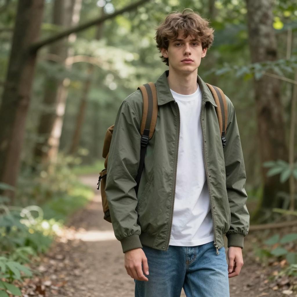 Young Man Walking in Forest Wearing Olive Jacket and Backpack