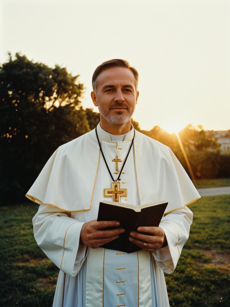 Man in Catholic Priest Costume Outdoor Portrait at Golden Hour