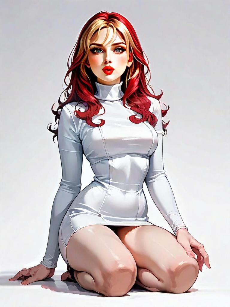 Realistic Comic Style Woman in White Bodycon Dress Full Body Illustration
