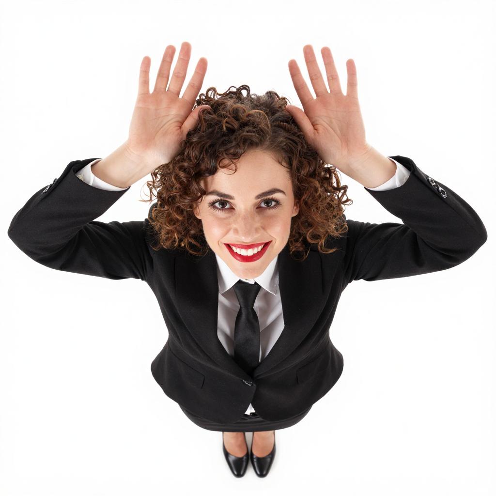 Playful Business Woman Making Fun Gesture in Black Suit