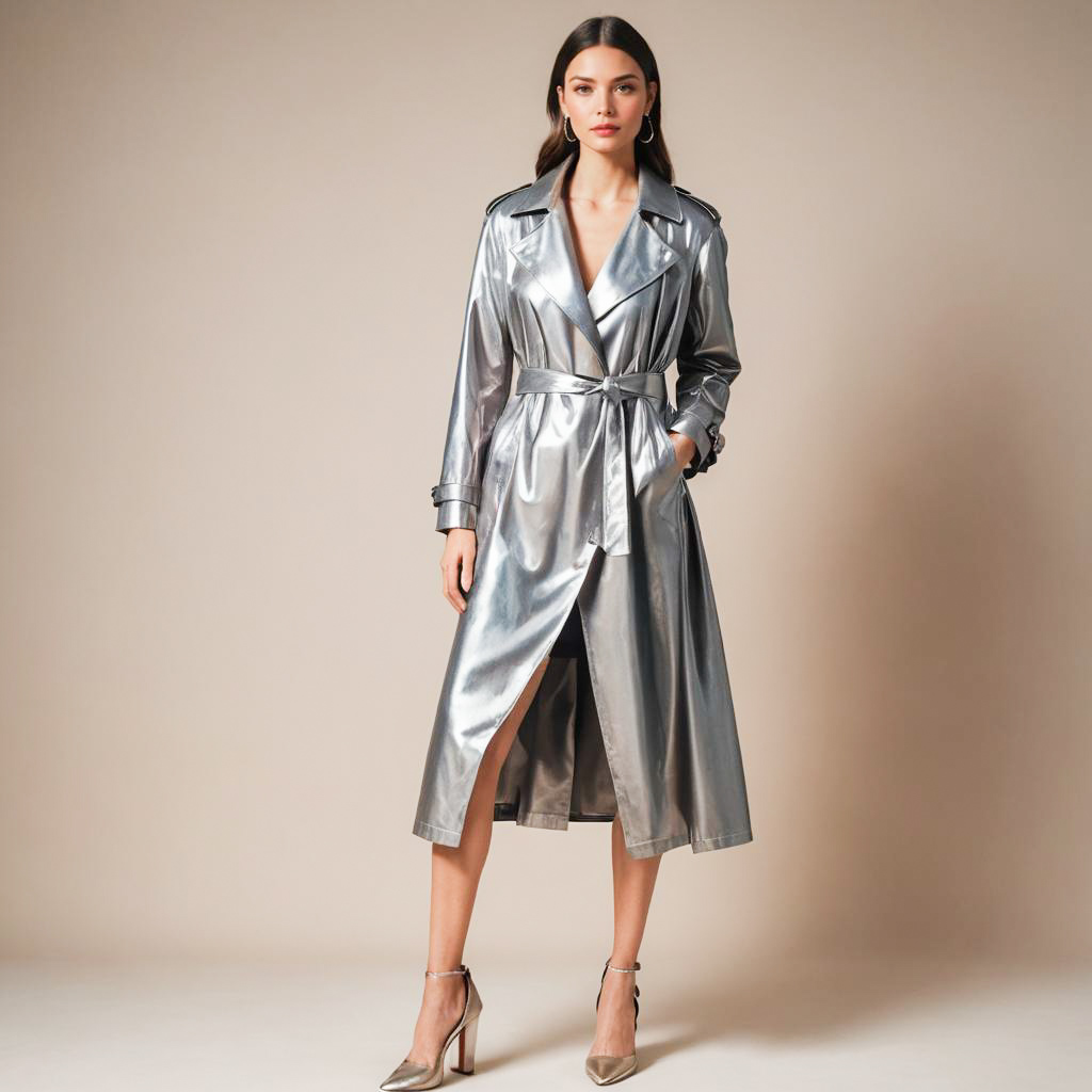 Stylish Woman in Silver Trench Coat