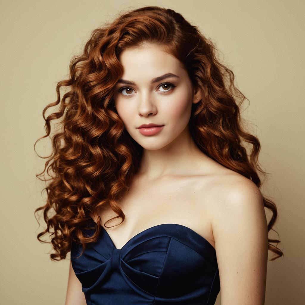 Portrait of Young Woman with Red Curly Hair in Navy Blue Dress