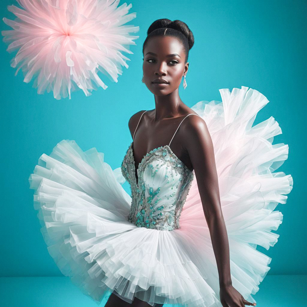 Elegant Tutu Dress Model Against Turquoise Background