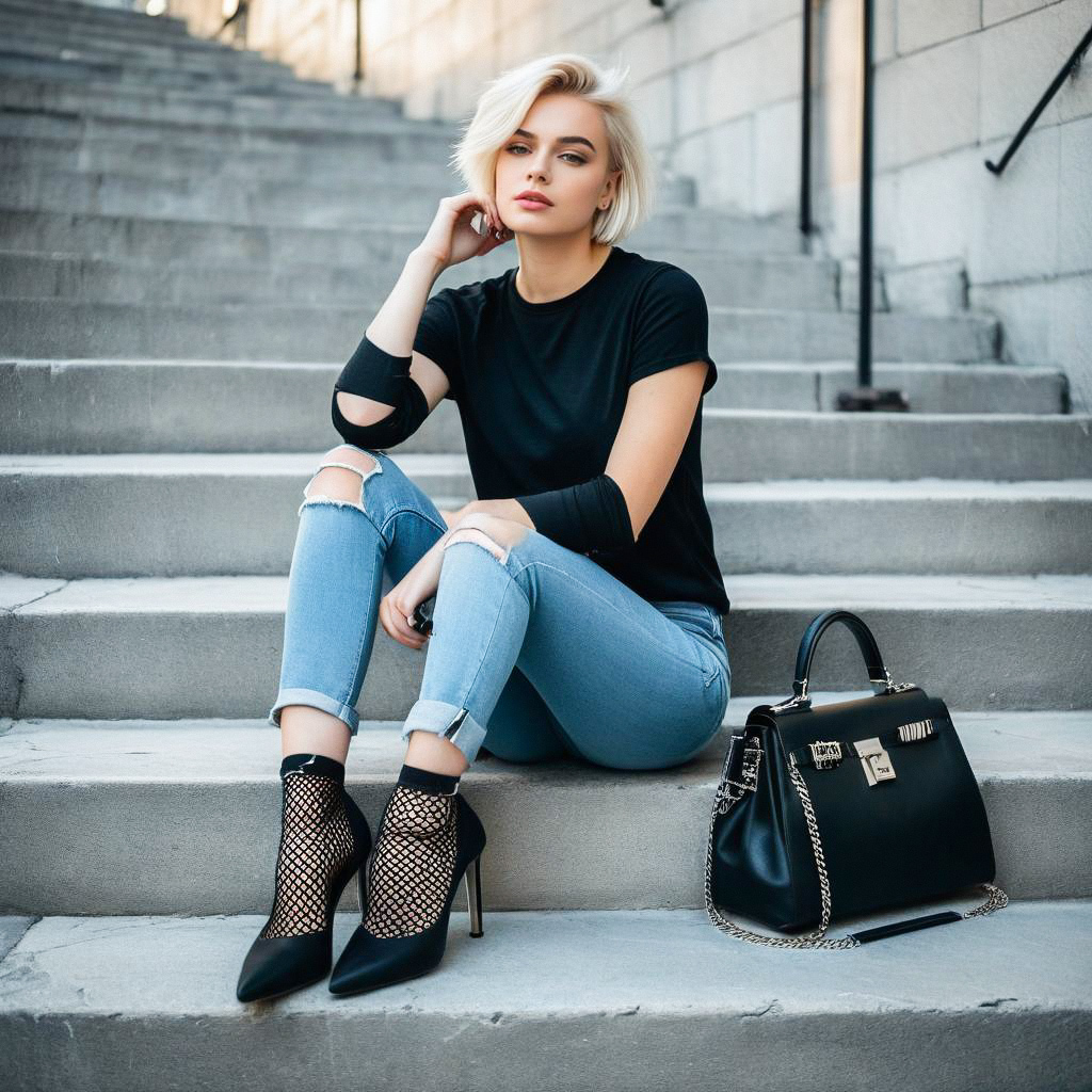 Stylish woman with platinum blonde hair on concrete steps Stylish woman with platinum blonde hair on concrete steps