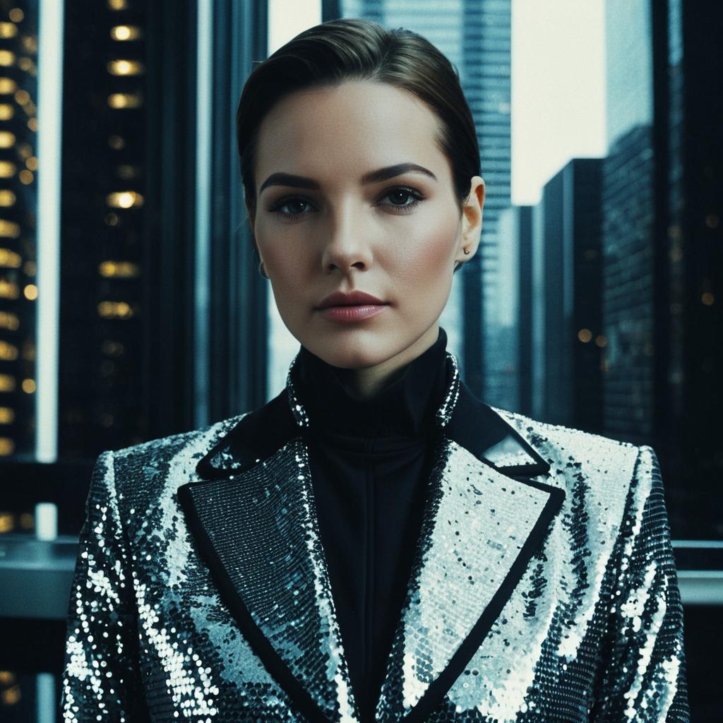 Confident Woman in Silver Sequined Blazer with City Skyline Background