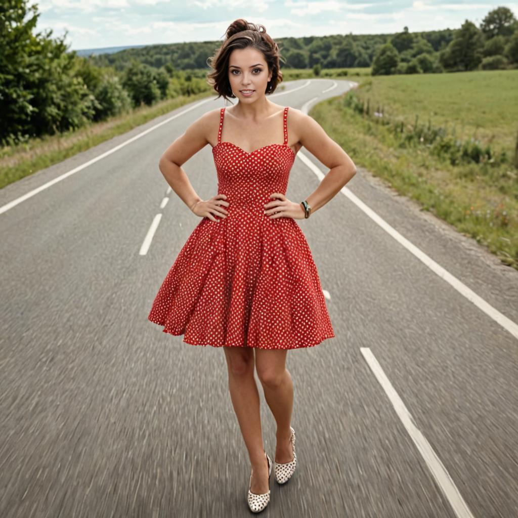 Vintage Woman in Red Polka Dot Dress on Country Road