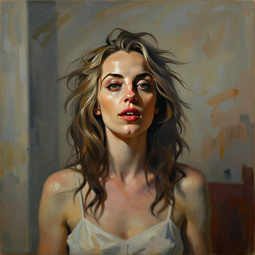 Realistic Oil Portrait of Young Woman with Wavy Hair