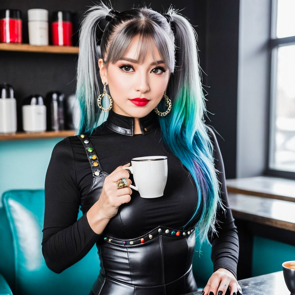 Stylish woman with blue and silver pigtails in modern cafe