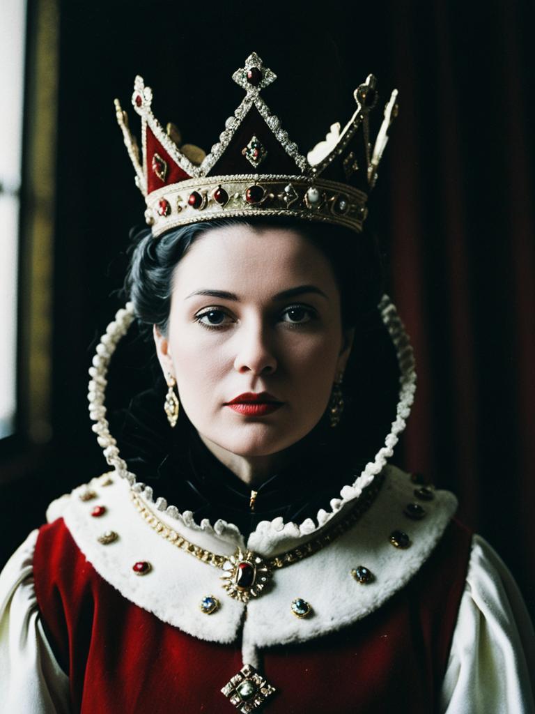 Regal Woman in Queen Costume with Crown Cinematic Realism Portrait