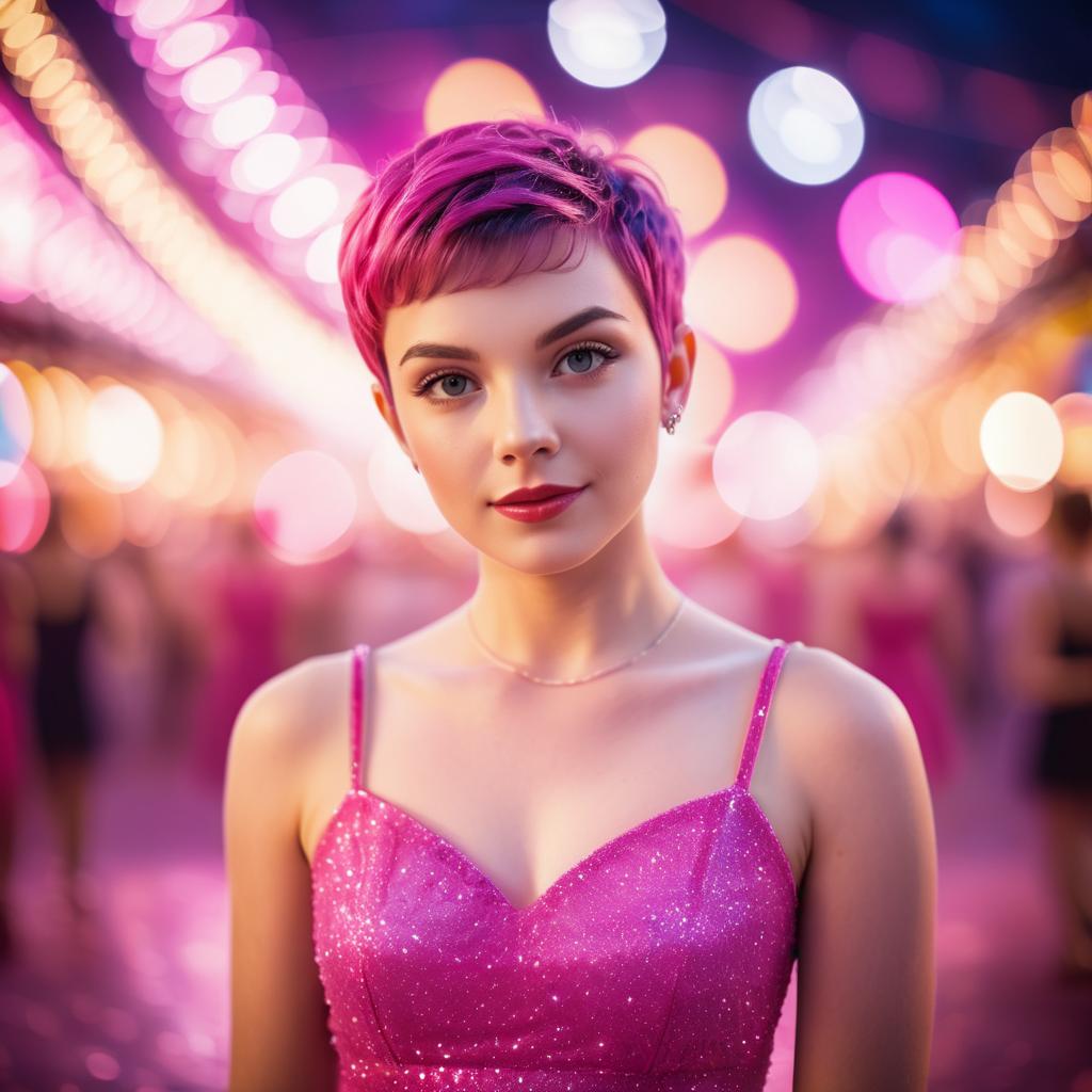 Young Woman with Pink Hair in Sparkling Dress