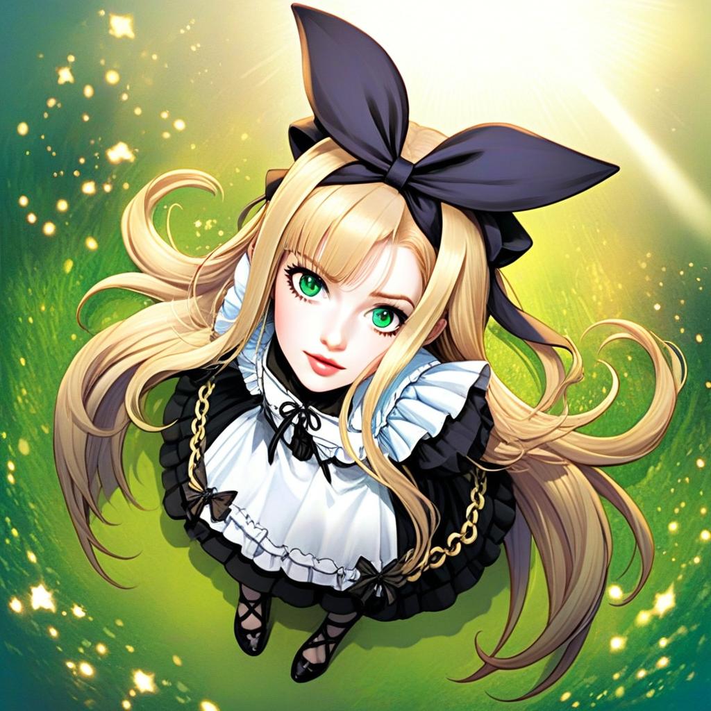 Anime Girl Mononobe Alice in Black and White Dress with Green Eyes