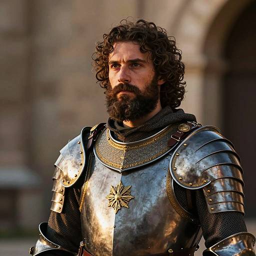 Medieval Knight in Ornate Armor with Curly Hair and Beard