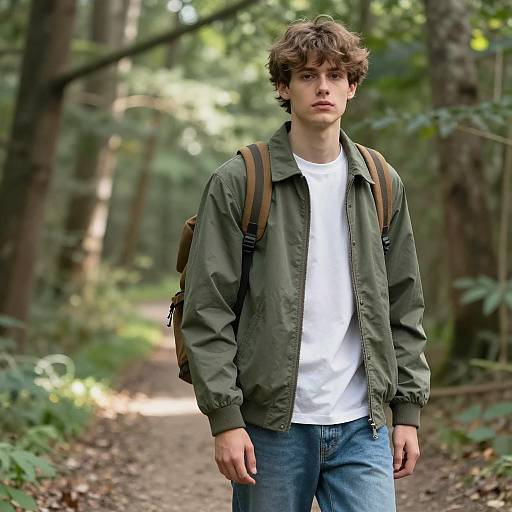 Young Man Walking in Forest Wearing Olive Jacket and Backpack