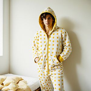 Young Man in Cozy Polka Dot Onesie