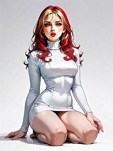 Realistic Comic Style Woman in White Bodycon Dress Full Body Illustration