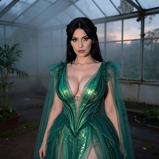 Woman in Green Fantasy Dress Inside Glass Greenhouse