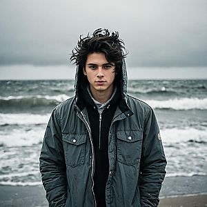 Young Man on Beach with Turbulent Waves