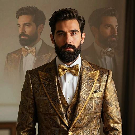 Man in Ornate Golden Suit with Bow Tie Double Exposure Portrait
