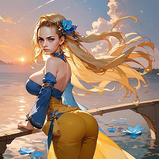 Fantasy Anime Style Woman with Blonde Hair by the Sea at Sunset