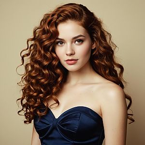 Portrait of Young Woman with Red Curly Hair in Navy Blue Dress