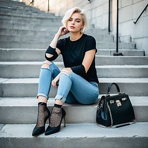 Stylish woman with platinum blonde hair on concrete steps