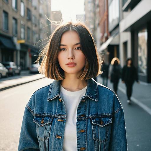 Young Woman Wearing Denim Jacket on Urban Street in Natural Light