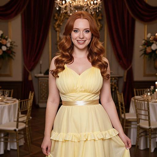 Elegant Red-Haired Woman in Yellow Gown at Formal Event