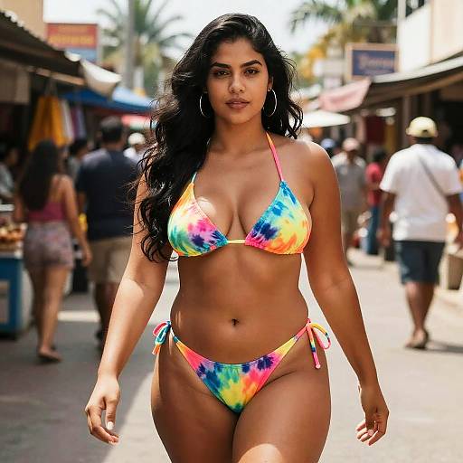 Woman in Tie-Dye Bikini Walking Down Busy Urban Street