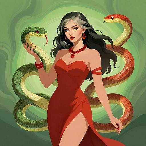 Stylish Woman in Red Dress with Snakes Digital Illustration
