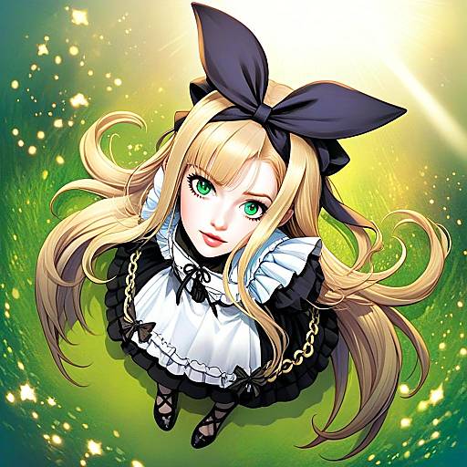 Anime Girl Mononobe Alice in Black and White Dress with Green Eyes