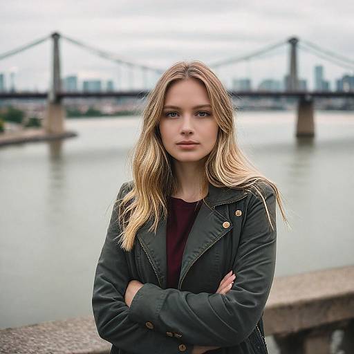 Confident Blonde Woman Posing by Waterfront with Suspension Bridge in Background