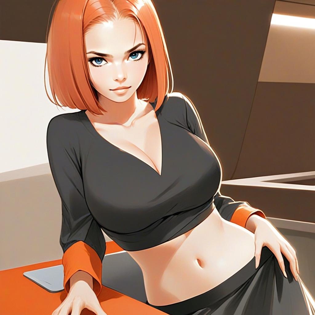 Anime Style Portrait of Young Woman with Red Hair in Black Crop Top