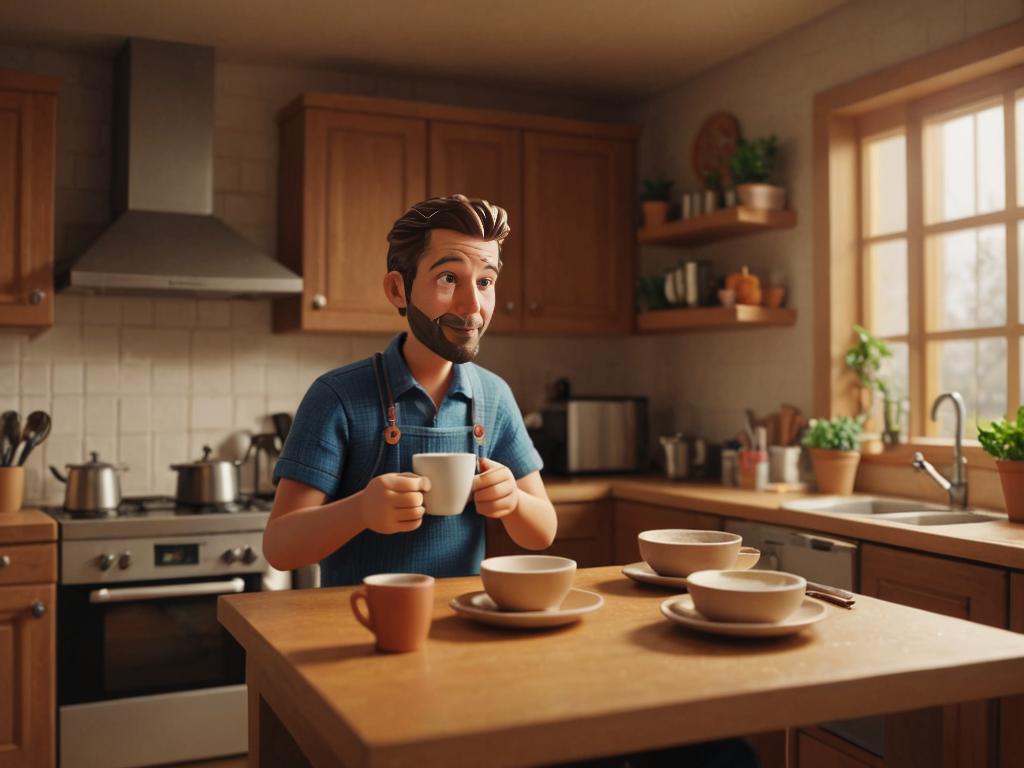 Cheerful man enjoying coffee in cozy kitchen