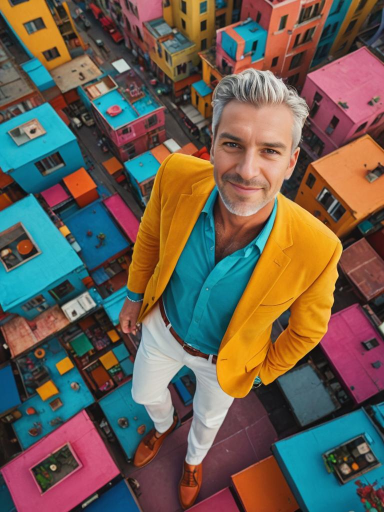 Charismatic Man Enjoying Fun in Colorful Urban Setting