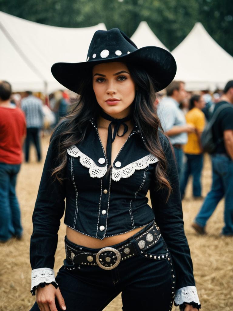 Woman in Black Cowgirl Costume at Festival Cosplay Portrait