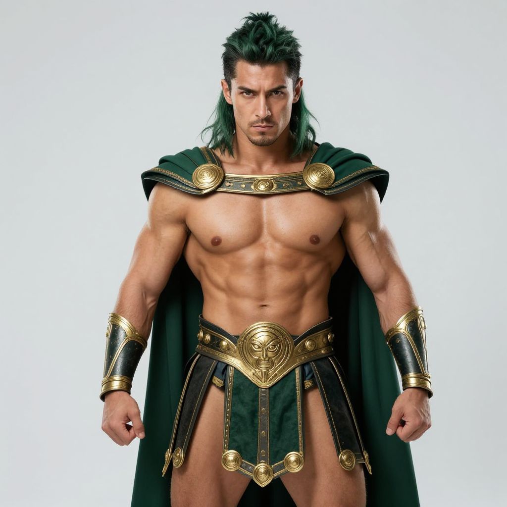 Muscular Man in Ancient Warrior Costume with Green Cape