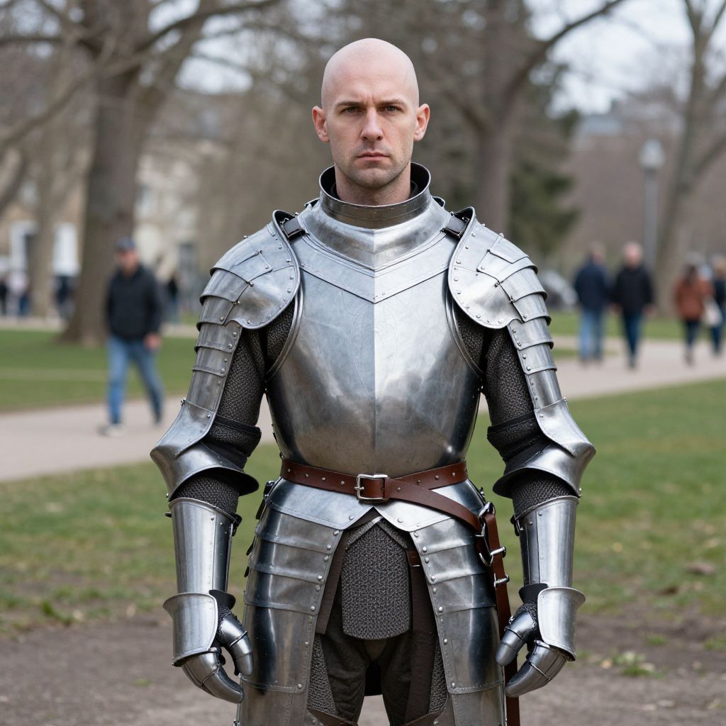 Bald Man Wearing Full Medieval Armor in Park