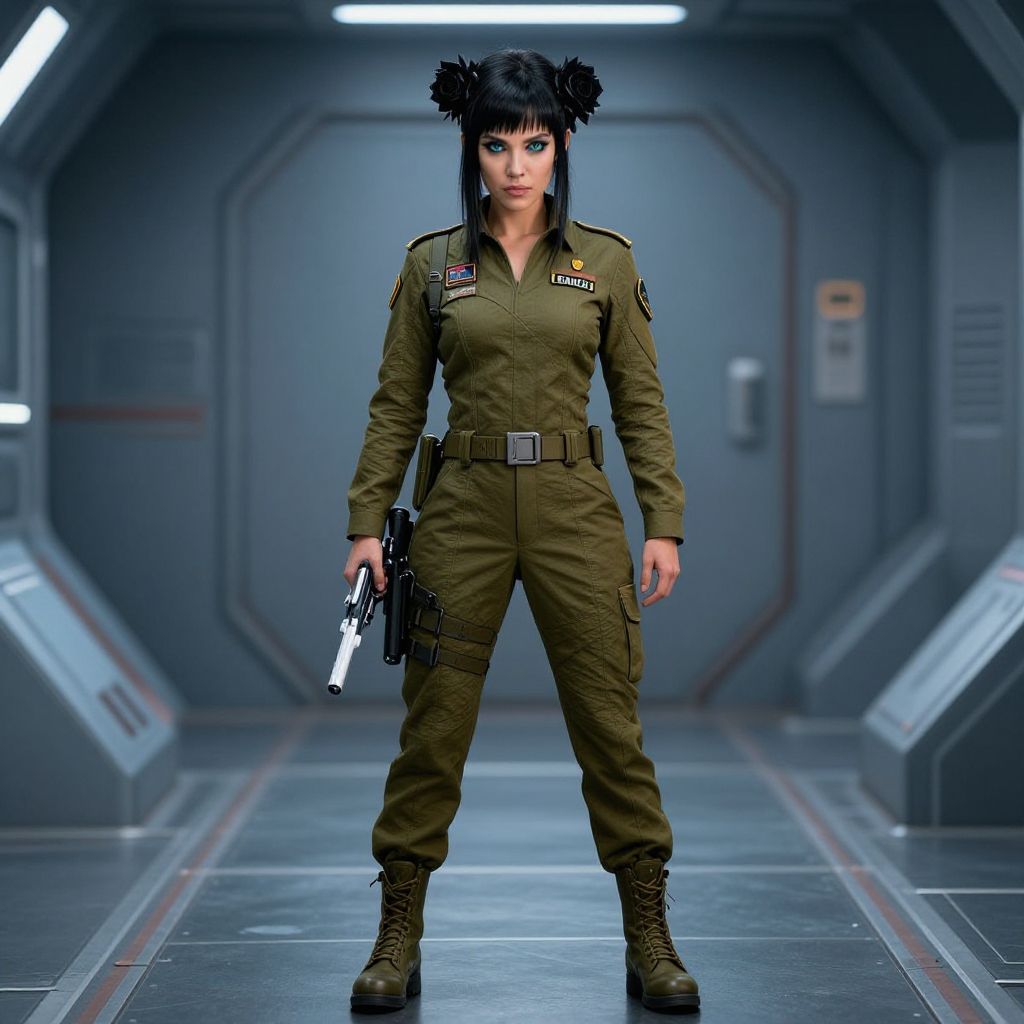 Futuristic Woman in Military Uniform Holding Gun in Sci-Fi Corridor