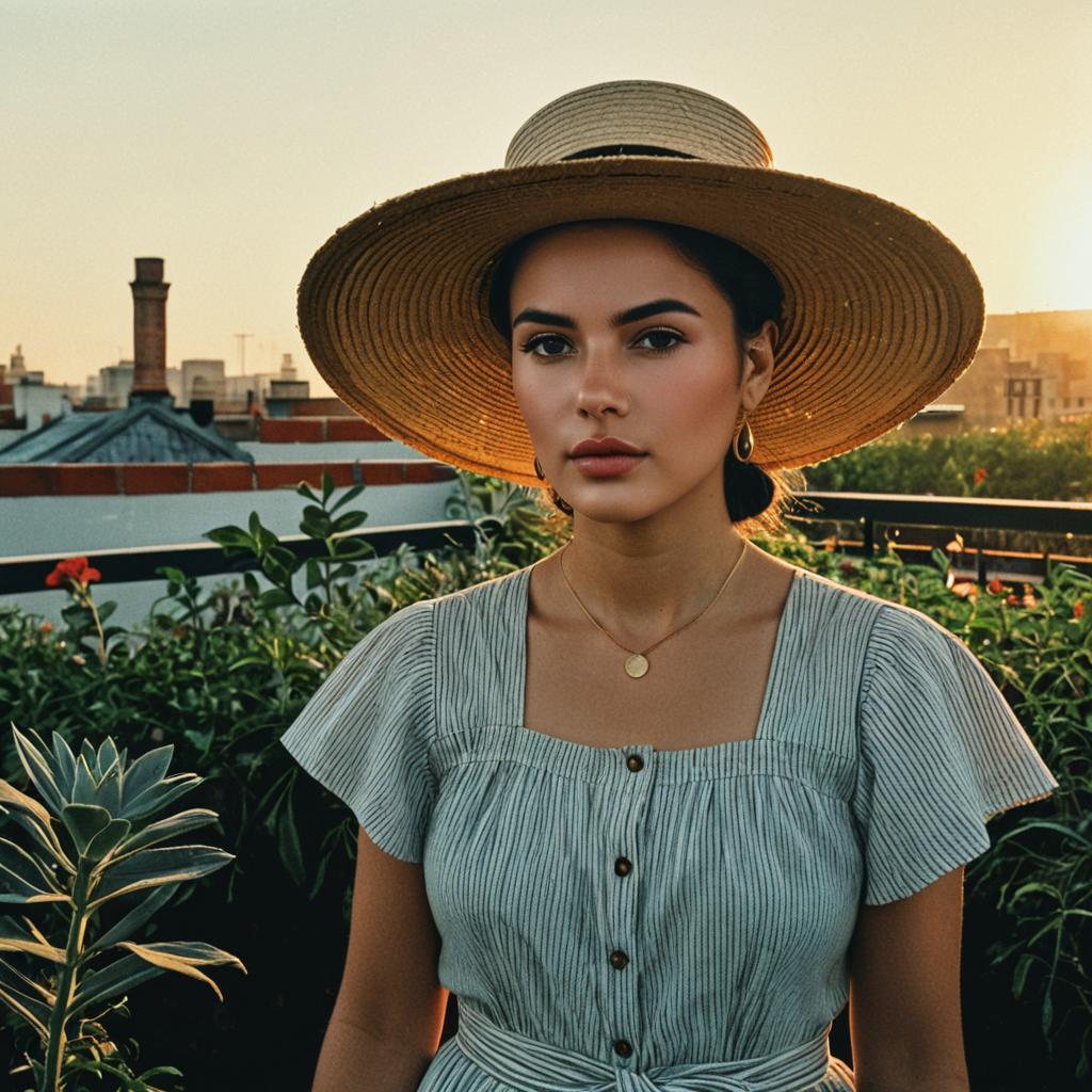 Elegant Woman Wearing Straw Hat in Rooftop Garden at Sunset